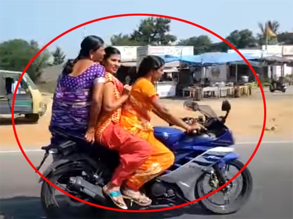 చీర కట్టులో యమహా ఆర్15 మీద ట్రిపుల్ రైడింగ్