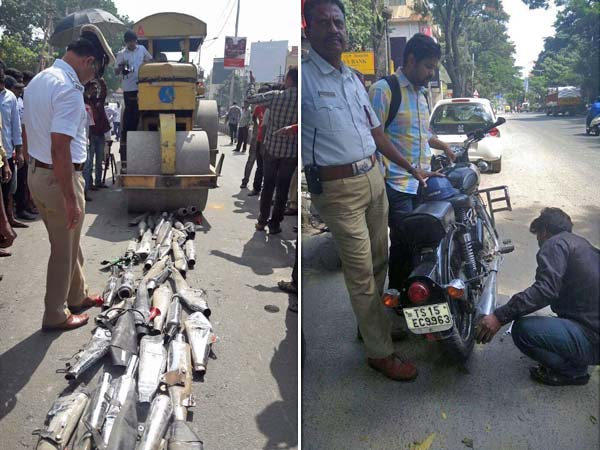 సైలెన్సర్లను రోడ్ రోలరుతో తొక్కించిన పోలీసులు
