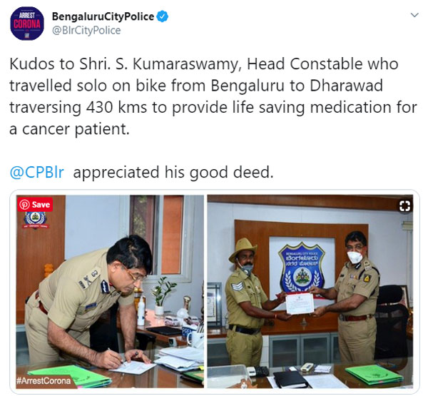 క్యాన్సర్ రోగికి మందులు అందజేయడానికి లాక్డౌన్ లో 800 కిలోమీటర్లు ప్రయాణించిన పోలీస్ కానిస్టేబుల్