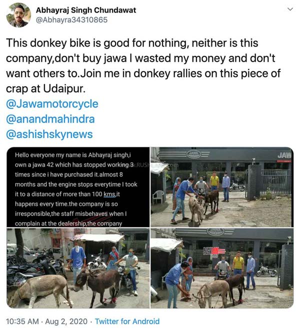 గాడిదలను డీలర్షిప్కు తీసుకువచ్చిన జావా బైక్ ఓనర్, ఎందుకో తెలుసా ?