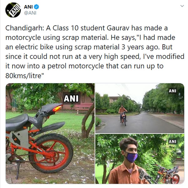 సొంతంగా మోటారుసైకిల్ తయారు చేసిన 10 వ తరగతి విద్యార్థి ; ఎలా ఉందో తెలుసా ?