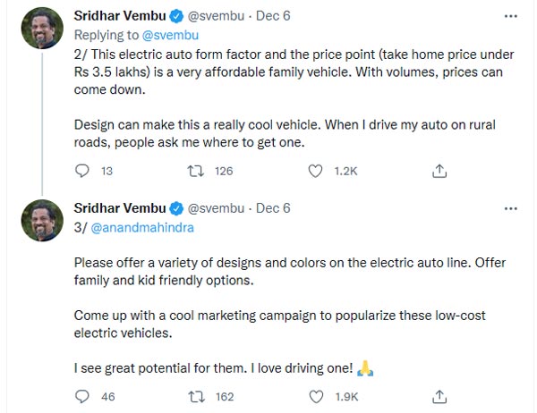 Mahindra Treo డ్రైవ్ చేసి ఆనంద్ మహీంద్రాకు సూచనలు అందించిన Zoho సీఈఓ.. ఏం చెప్పారంటే?