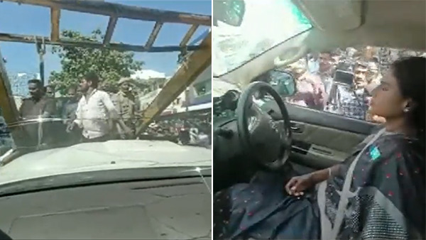 ధ్వంసమైన కారులో వైఎస్. షర్మిల ధ్వంసమైన కారులో వైఎస్. షర్మిల